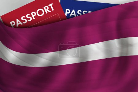 Foto de Latvian flag background and passport of Latvia. Citizenship, official legal immigration, visa, business and travel concept. - Imagen libre de derechos