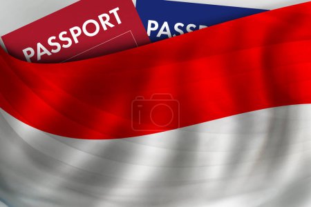 Foto de Monaco flag background and passport of Principality of Monaco. Citizenship, official legal immigration, visa, business and travel concept. - Imagen libre de derechos