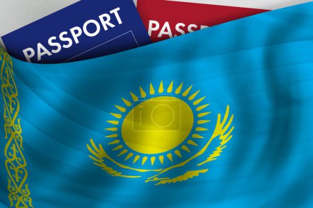 Foto de Fondo de la bandera kazaja y pasaporte de Kazajstán. Ciudadanía, inmigración legal oficial, visado, negocios y concepto de viaje. - Imagen libre de derechos