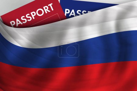 Foto de Fondo de la bandera rusa y pasaporte de Rusia. Ciudadanía, inmigración legal oficial, visado, negocios y concepto de viaje. - Imagen libre de derechos