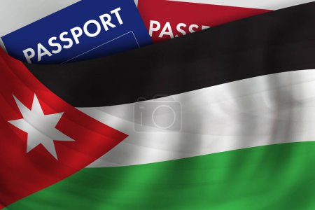 Foto de Fondo de la bandera jordana y pasaporte de Jordania. Ciudadanía, inmigración legal oficial, visado, negocios y concepto de viaje. - Imagen libre de derechos