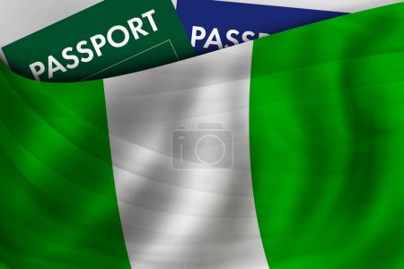 Foto de Fondo de la bandera nigeriana y pasaporte de Nigeria. Ciudadanía, inmigración legal oficial, visado, negocios y concepto de viaje. - Imagen libre de derechos