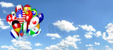 Photo for Balloons with countries flags against panoramic blue sky with clouds banner background . Cooperation, tourism, peace and friendship concept - Royalty Free Image