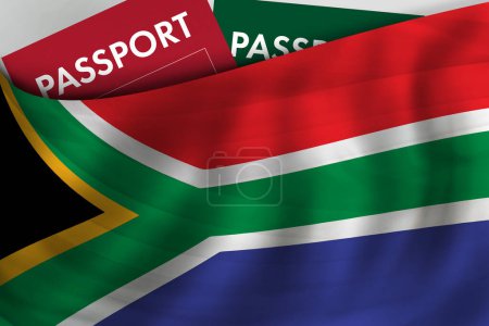 Foto de Fondo de la bandera de Sudáfrica y pasaporte de la República Sudafricana. Ciudadanía, inmigración legal oficial, visado, negocios y concepto de viaje. - Imagen libre de derechos