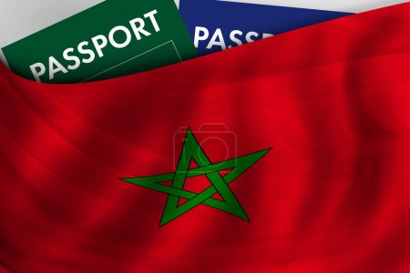 Foto de Fondo de la bandera de Marruecos y pasaporte de Marruecos. Ciudadanía, inmigración legal oficial, visado, negocios y concepto de viaje. - Imagen libre de derechos