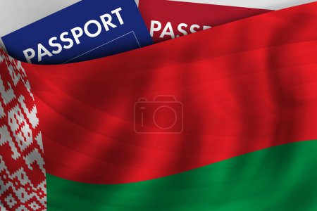 Foto de Fondo de la bandera bielorrusa y pasaporte de Bielorrusia. Ciudadanía, inmigración legal oficial, visado, negocios y concepto de viaje. - Imagen libre de derechos