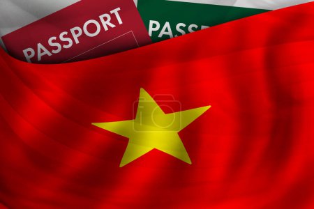 Foto de Antecedentes de bandera vietnamita y pasaporte de Vietnam. Ciudadanía, inmigración legal oficial, visado, negocios y concepto de viaje. - Imagen libre de derechos