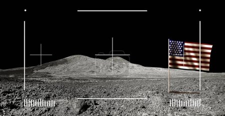 Viewfinder of Moon rover with Lunar Horizon Landscape and USA flag
