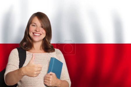 Happy woman student against Polish flag background. Travel, education and learn language in Poland concept