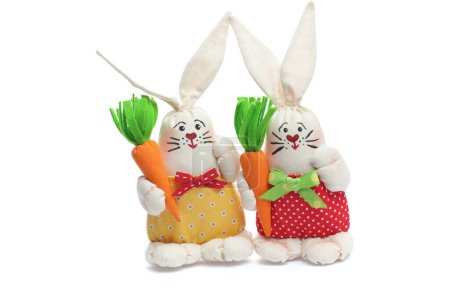 Colorful Easter Bunny Soft Toys on white background. Easter concept