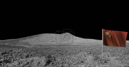 Panoramic landscape of Moon with Chinese flag. Cosmic scene, exploration and sciene fiction backgroun