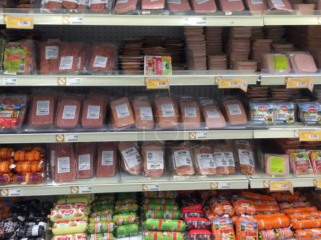 Photo for Athens, Greece - November 2, 2022: Lunch meat shelves at supermarket. Salami ham bacon and turkey sliced cold cuts. - Royalty Free Image