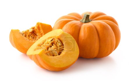 Fresh whole and sliced pumpkin isolated on white background
