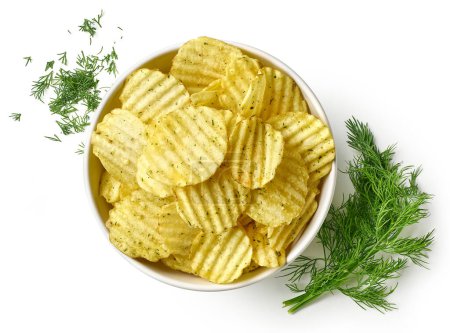 Photo for Bowl of crispy wavy potato chips or crisps with dill flavor isolated on white background, top view - Royalty Free Image