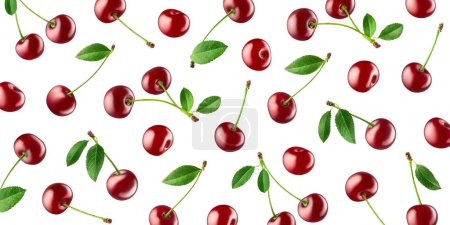 Foto de Patrón de fruta de cerezas rojas maduras frescas aisladas sobre fondo blanco - Imagen libre de derechos