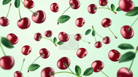 Foto de Patrón colorido de cerezas rojas maduras frescas sobre fondo de menta claro - Imagen libre de derechos