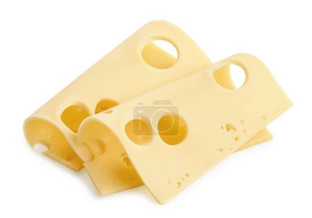 Zwei gerollte Scheiben Maasdam-Käse isoliert auf weißem Hintergrund