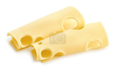 Photo for Two rolled slices of Maasdam cheese isolated on white background - Royalty Free Image