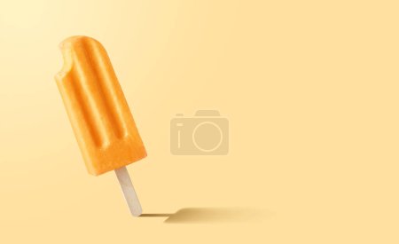 Photo for Bitten orange fruit popsicle on yellow background. Orange, mango and peach flavor. Empty space for text - Royalty Free Image