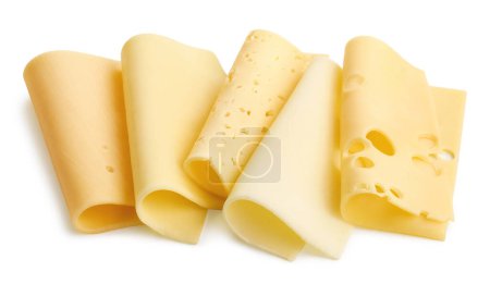 Téléchargez les photos : Groupe de différentes tranches de fromage roulé isolé sur fond blanc. Maasdam, Cheddar, Gouda, Edam, Néerlandais - en image libre de droit