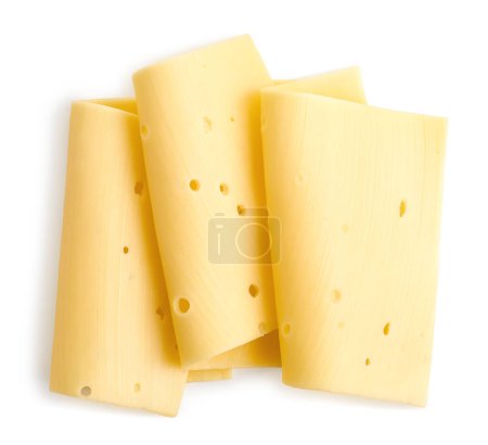 Téléchargez les photos : Trois tranches de fromage suisse plié isolé sur fond blanc, vue de dessus - en image libre de droit