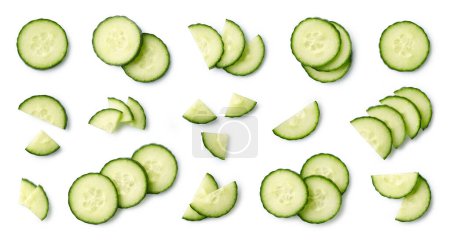 Photo for Set or collection of various fresh cucumber slices isolated on white background. Top view - Royalty Free Image