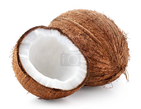 Téléchargez les photos : Noix de coco fraîche mûre entière et moitié isolée sur fond blanc - en image libre de droit