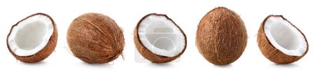 Téléchargez les photos : Ensemble ou collection de noix de coco fraîches entières et demi isolées sur fond blanc - en image libre de droit