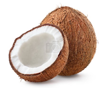 Foto de Entero y medio de coco fresco maduro aislado sobre fondo blanco - Imagen libre de derechos