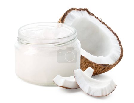 Photo for Open glass jar of coconut oil and fresh coconut halve and pieces isolated on white background - Royalty Free Image