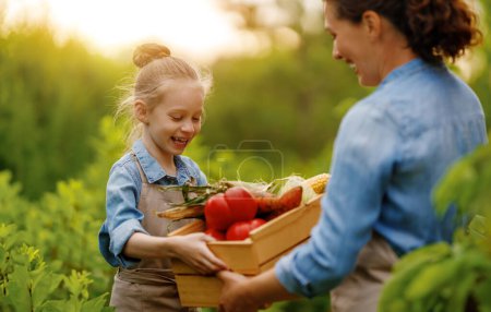 Photo for Happy mother and daughter gardening in the backyard organic garden. Kid and mom picking fresh vegetables and learning botany. - Royalty Free Image