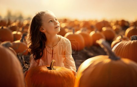 Photo for Happy child girl with orange pumpkins in the field outdoor. - Royalty Free Image