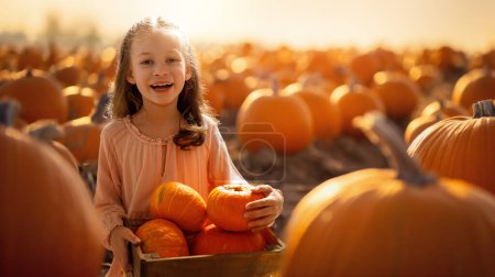 Photo for Happy child girl with orange pumpkins in the field outdoor. - Royalty Free Image