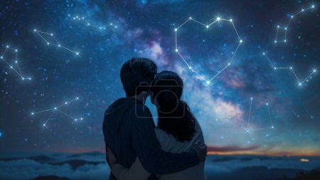 Foto de Una pareja enamorada mirando el cielo estrellado. Una constelación de fantasía en forma de corazón. - Imagen libre de derechos