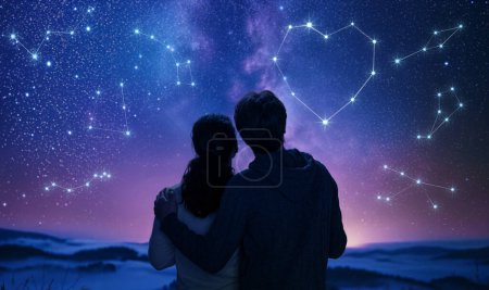 Téléchargez les photos : Un couple amoureux regardant le ciel étoilé. Une constellation fantasmée en forme de cœur. - en image libre de droit