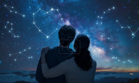 Téléchargez les photos : Un couple amoureux regardant le ciel étoilé. Une constellation fantasmée en forme de cœur. - en image libre de droit
