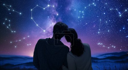 Una pareja enamorada mirando el cielo estrellado. Una constelación de fantasía en forma de corazón.