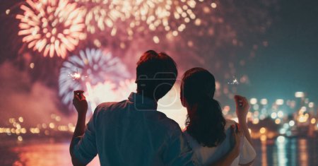 Téléchargez les photos : Heureux couple aimant regarder des feux d'artifice. - en image libre de droit