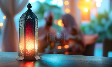 Photo for Ornamental Arabic lantern with burning candle glowing. Festive greeting card, invitation for Muslim holy month Ramadan Kareem. - Royalty Free Image