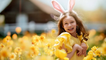 Beautiful child outdoors. Celebrating Easter in nature. Cute little girl is wearing bunny ears.  