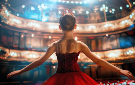 Foto de Linda niñita soñando con convertirse en bailarina. Niña en un tutú rojo bailando en el escenario. - Imagen libre de derechos