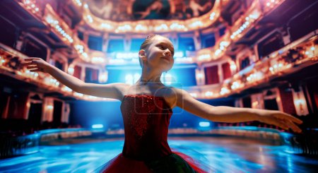 Téléchargez les photos : Jolie petite fille rêvant de devenir ballerine. Enfant fille en tutu rouge dansant sur la scène. - en image libre de droit