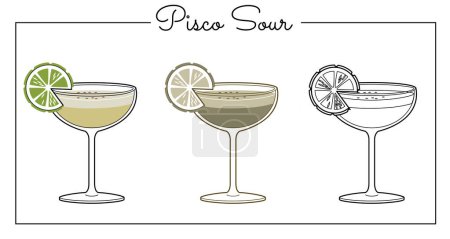 Téléchargez les illustrations : Alcool boissons ligne illustration d'art. Illustration vectorielle Pisco Sour - en licence libre de droit