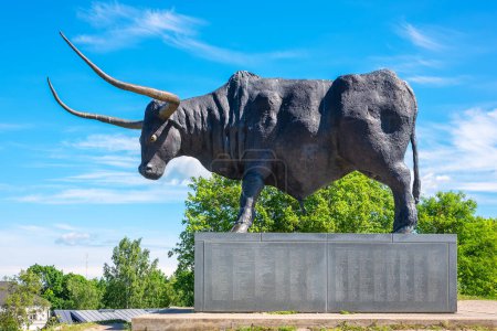 Téléchargez les photos : RAKVERE, ESTONIA - JUNE 17, 2022: View to bronze Tarvas statue of aurochs bull - en image libre de droit