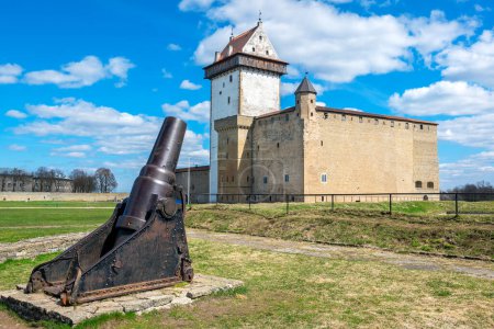 Photo for Old mortar near Hermann castle in courtyard at Narva fortress. Narva, Estonia, Baltic States - Royalty Free Image