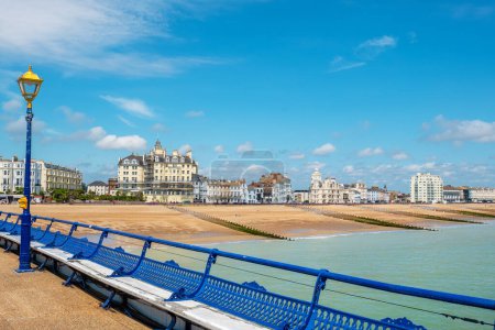 Photo for View of Eastbourne seafront and beach from the pier. East Sussex, England, UK - Royalty Free Image