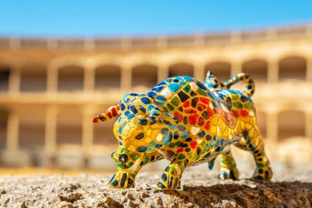 Photo for Figurine of a traditional Spanish bull in the Plaza de Toros bullring. Ronda. Andalusia, Spain - Royalty Free Image