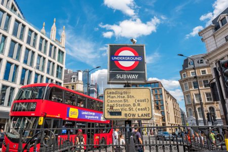 Photo for London, England - July 14, 2022: Subway entrance at the corner of Queen Victoria and Cannon streets - Royalty Free Image