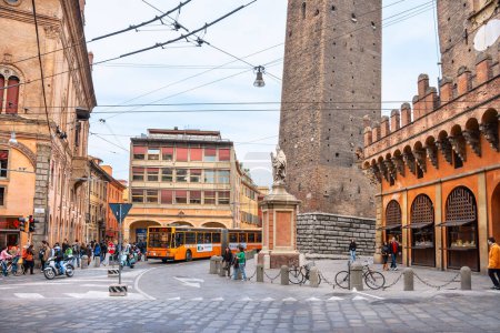 Photo for Bologna, Italy - April 3, 2008: City square Piazza di Porta Ravegnana with Two Towers of Bologna - Royalty Free Image