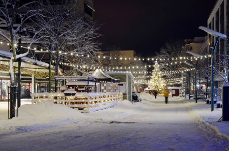 Téléchargez les photos : Lumières de Noël et sapin de Noël dans la ville enneigée de Jarvenpaa en Finlande - en image libre de droit
